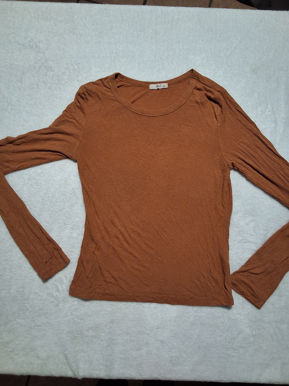 Long Sleeve Ribbed Crewneck Top - Burnt Orange